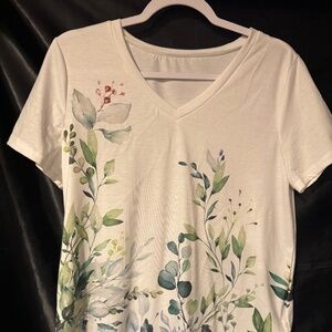 Women's Casual T-shirt White with Greenery